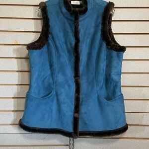 D‎ & Co Denim & Company Blue Faux Fur Lined Vest L Pockets Snaps LN